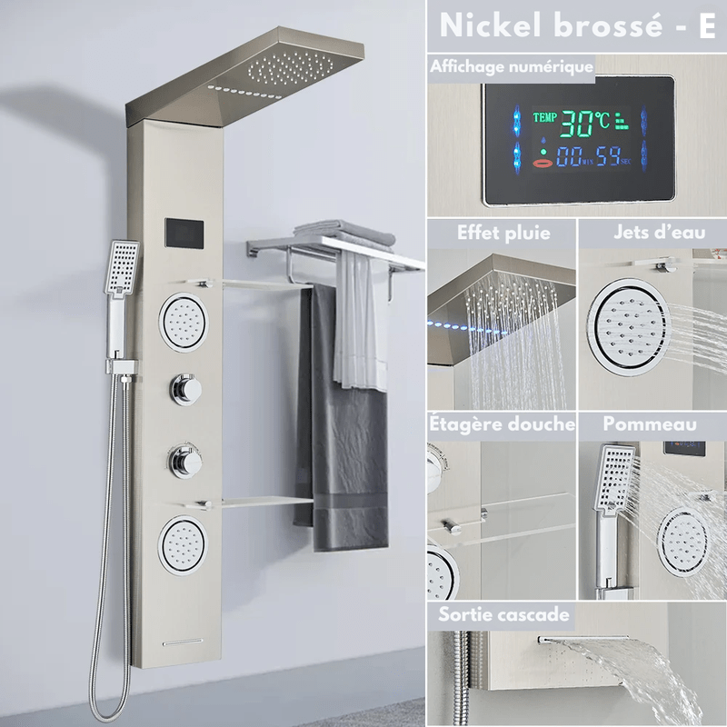 Colonne de Douche Hydromassante Or LED avec Jets de Massage – Panneau Cascade & Affichage Digital – Acier Inoxydable et Laiton pour Salle de Bain Moderne - Focett