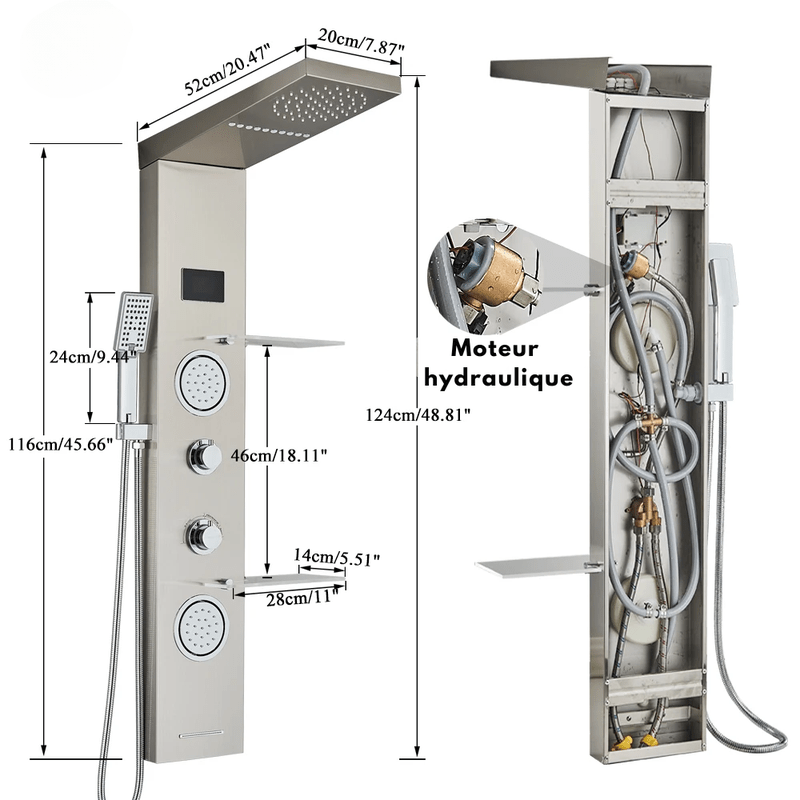 Colonne de Douche Hydromassante Or LED avec Jets de Massage – Panneau Cascade & Affichage Digital – Acier Inoxydable et Laiton pour Salle de Bain Moderne - Focett