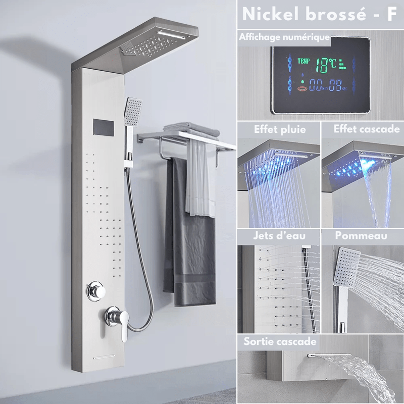 Colonne de Douche Hydromassante Or LED avec Jets de Massage – Panneau Cascade & Affichage Digital – Acier Inoxydable et Laiton pour Salle de Bain Moderne - Focett