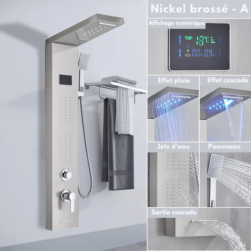 Colonne de Douche Hydromassante Or LED avec Jets de Massage – Panneau Cascade & Affichage Digital – Acier Inoxydable et Laiton pour Salle de Bain Moderne - Focett