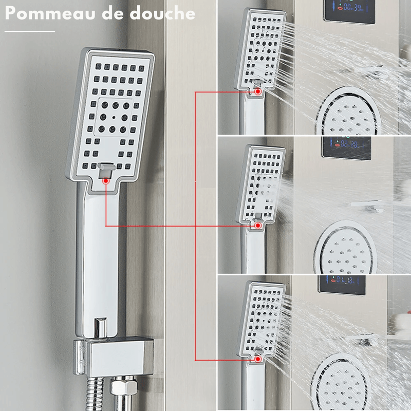 Colonne de Douche Hydromassante Or LED avec Jets de Massage – Panneau Cascade & Affichage Digital – Acier Inoxydable et Laiton pour Salle de Bain Moderne - Focett