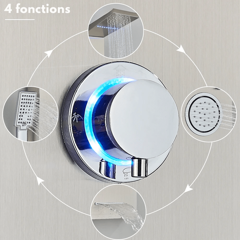 Colonne de Douche Hydromassante Or LED avec Jets de Massage – Panneau Cascade & Affichage Digital – Acier Inoxydable et Laiton pour Salle de Bain Moderne - Focett