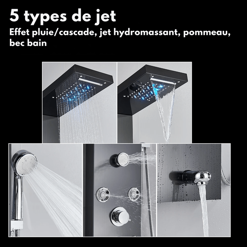 Colonne de Douche Hydromassante Or LED avec Jets de Massage – Panneau Cascade & Affichage Digital – Acier Inoxydable et Laiton pour Salle de Bain Moderne - Focett