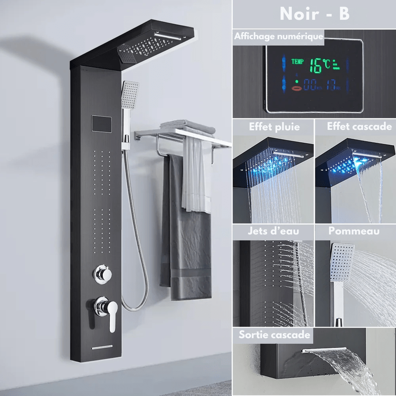 Colonne de Douche Hydromassante Or LED avec Jets de Massage – Panneau Cascade & Affichage Digital – Acier Inoxydable et Laiton pour Salle de Bain Moderne - Focett