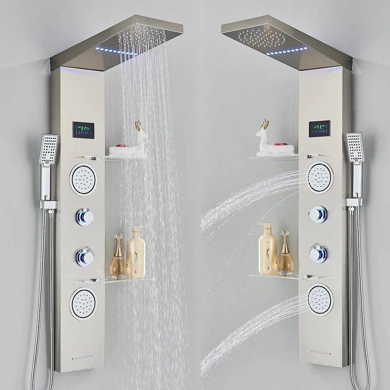 Colonne de Douche Hydromassante Or LED avec Jets de Massage – Panneau Cascade & Affichage Digital – Acier Inoxydable et Laiton pour Salle de Bain Moderne - Focett