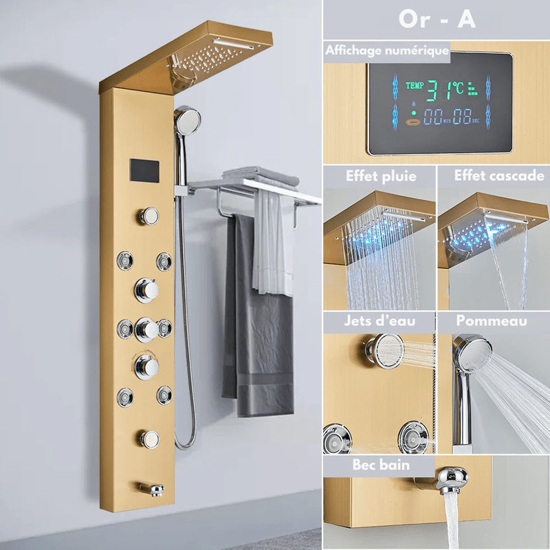 Colonne de Douche Hydromassante Or LED avec Jets de Massage – Panneau Cascade & Affichage Digital – Acier Inoxydable et Laiton pour Salle de Bain Moderne - Focett