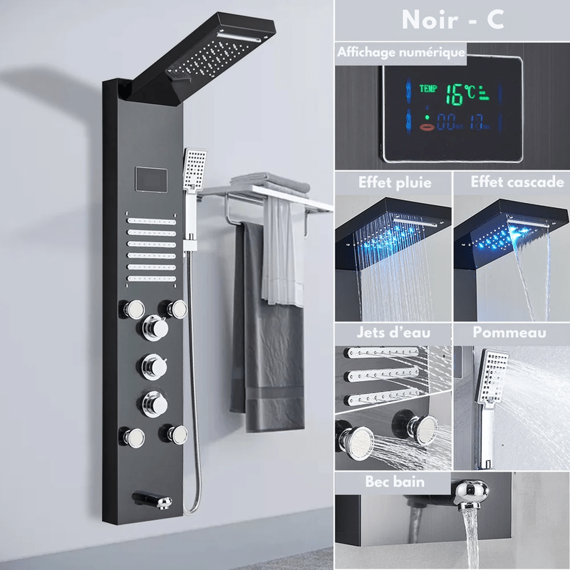 Colonne de Douche Hydromassante Or LED avec Jets de Massage – Panneau Cascade & Affichage Digital – Acier Inoxydable et Laiton pour Salle de Bain Moderne - Focett