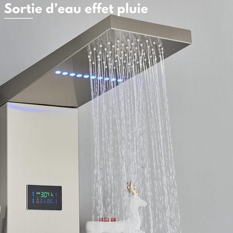Colonne de Douche Hydromassante Or LED avec Jets de Massage – Panneau Cascade & Affichage Digital – Acier Inoxydable et Laiton pour Salle de Bain Moderne - Focett