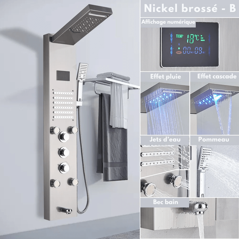 Colonne de Douche Hydromassante Or LED avec Jets de Massage – Panneau Cascade & Affichage Digital – Acier Inoxydable et Laiton pour Salle de Bain Moderne - Focett