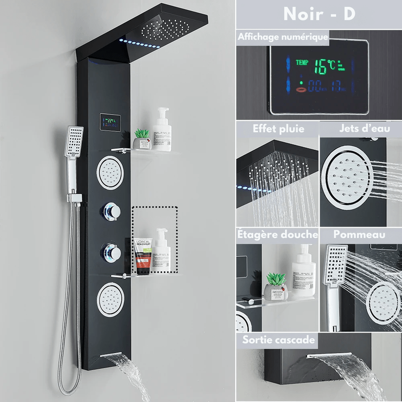 Colonne de Douche Hydromassante Or LED avec Jets de Massage – Panneau Cascade & Affichage Digital – Acier Inoxydable et Laiton pour Salle de Bain Moderne - Focett