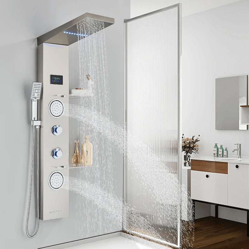 Colonne de Douche Hydromassante Or LED avec Jets de Massage – Panneau Cascade & Affichage Digital – Acier Inoxydable et Laiton pour Salle de Bain Moderne - Focett