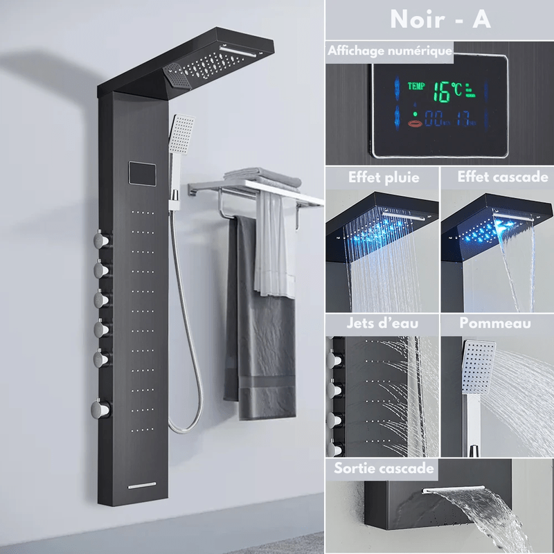 Colonne de Douche Hydromassante Or LED avec Jets de Massage – Panneau Cascade & Affichage Digital – Acier Inoxydable et Laiton pour Salle de Bain Moderne - Focett