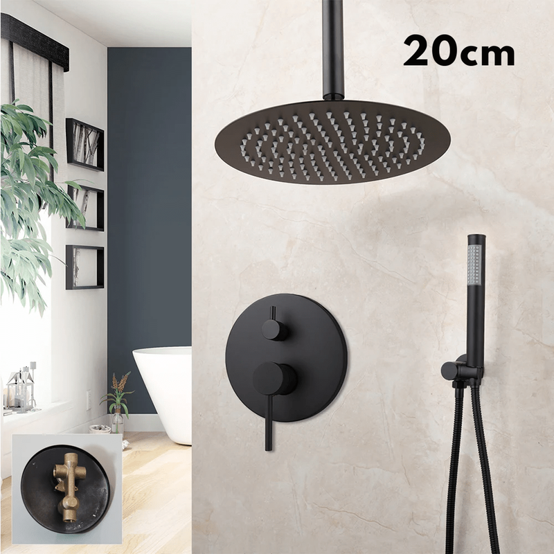 Colonne de Douche Encastrable Noir Mat – Ciel de douche Pluie XXL 40cm, Mitigeur Laiton, Douchette Flexible & Installation Murale Discrète