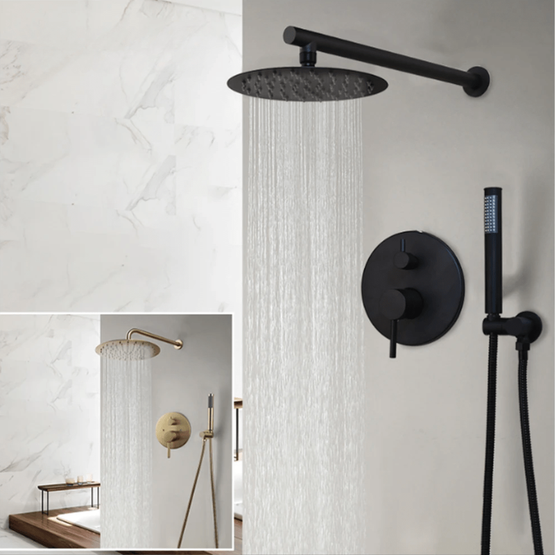 Colonne de Douche Encastrable Noir Mat – Ciel de douche Pluie XXL 40cm, Mitigeur Laiton, Douchette Flexible & Installation Murale Discrète