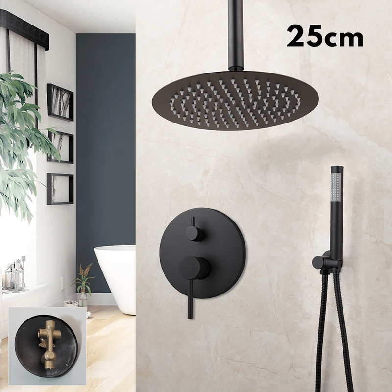 Colonne de Douche Encastrable Noir Mat – Ciel de douche Pluie XXL 40cm, Mitigeur Laiton, Douchette Flexible & Installation Murale Discrète