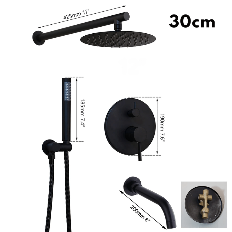 Colonne de Douche Encastrable Noir Mat – Ciel de douche Pluie XXL 40cm, Mitigeur Laiton, Douchette Flexible & Installation Murale Discrète