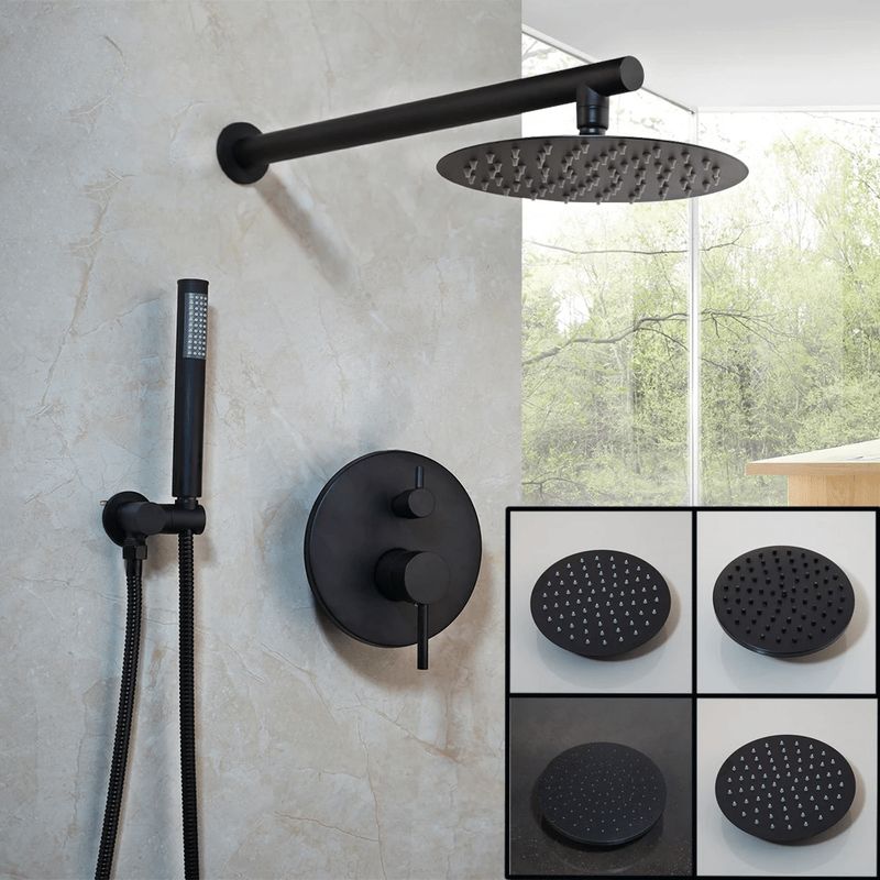 Colonne de Douche Encastrable Noir Mat – Ciel de douche Pluie XXL 40cm, Mitigeur Laiton, Douchette Flexible & Installation Murale Discrète
