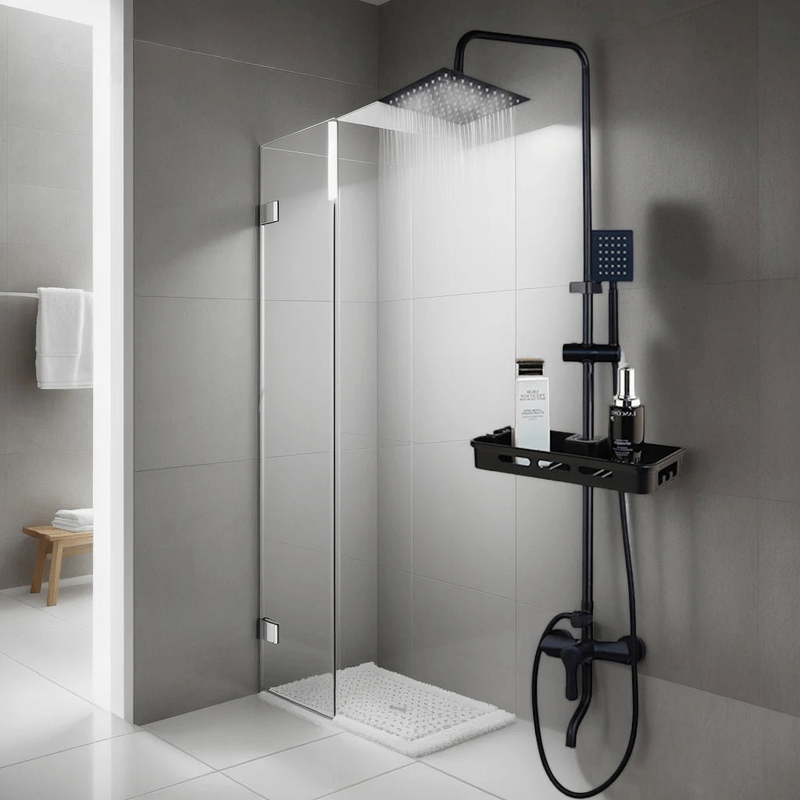 Colonne de Douche Noir Mat – Pommeau XXL, Rangement Intégré, Douchette à Main et Mélangeur Douche/Bain avec Étagère Douche