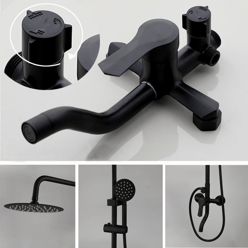 Colonne de Douche Noir Mat – Pommeau XXL, Rangement Intégré, Douchette à Main et Mélangeur Douche/Bain avec Étagère Douche
