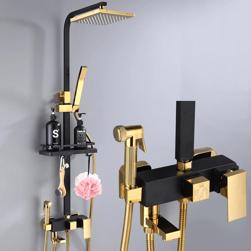 Colonne de Douche Noir & Or – Hauteur Ajustable, Pommeau 20cm, Fonction Bidet Intégrée et Ensemble de Douche 4 Voies avec Robinet