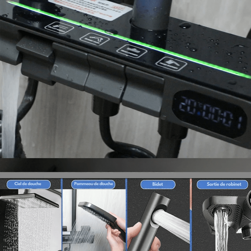 Colonne de Douche Noire avec Écran Digital et Commandes Indépendantes – 4 Modes d'Eau pour un Confort Optimal - Focett