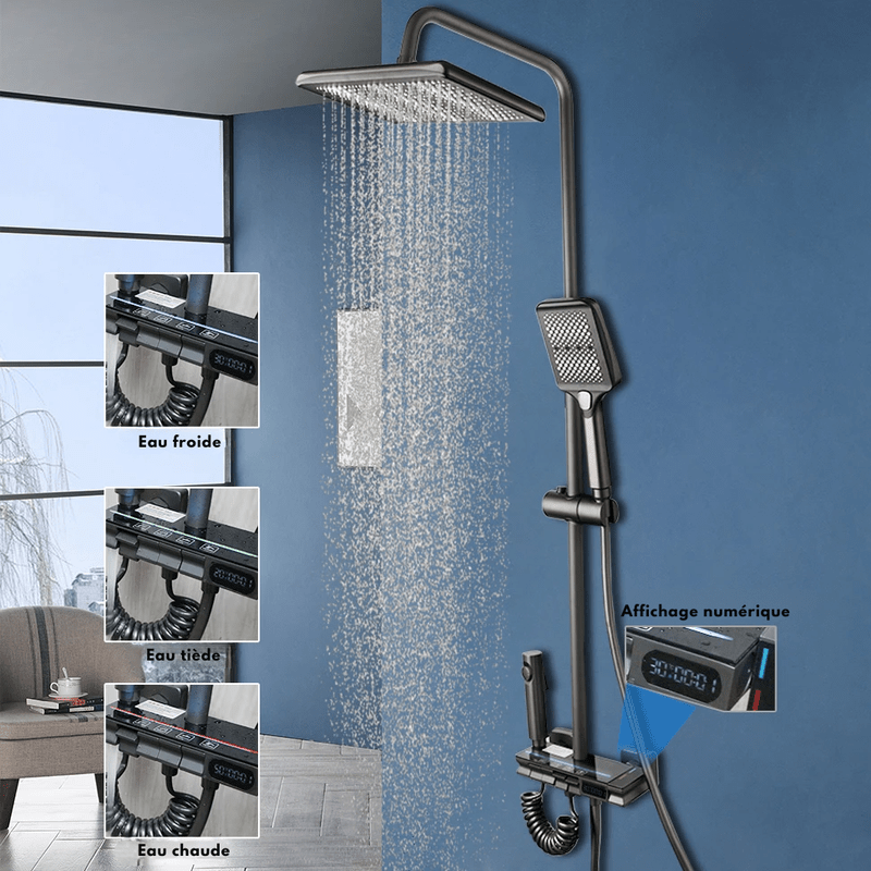 Colonne de Douche Noire avec Écran Digital et Commandes Indépendantes – 4 Modes d'Eau pour un Confort Optimal - Focett