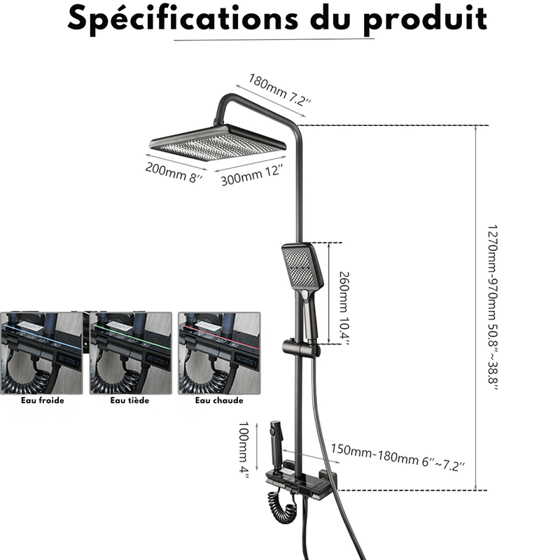 Colonne de Douche Noire avec Écran Digital et Commandes Indépendantes – 4 Modes d'Eau pour un Confort Optimal - Focett