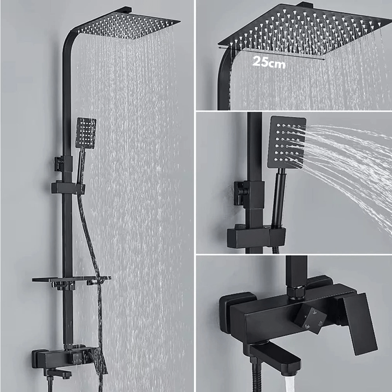 Colonne de Douche Noire – Mitigeur Laiton Noir 20 - 35cm, Mono - Commande Ergonomique avec Robinet Baignoire Effet Pluie, Étagères - Focett