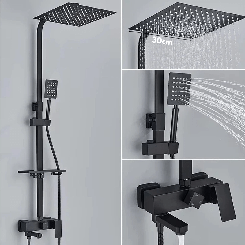 Colonne de Douche Noire – Mitigeur Laiton Noir 20 - 35cm, Mono - Commande Ergonomique avec Robinet Baignoire Effet Pluie, Étagères - Focett