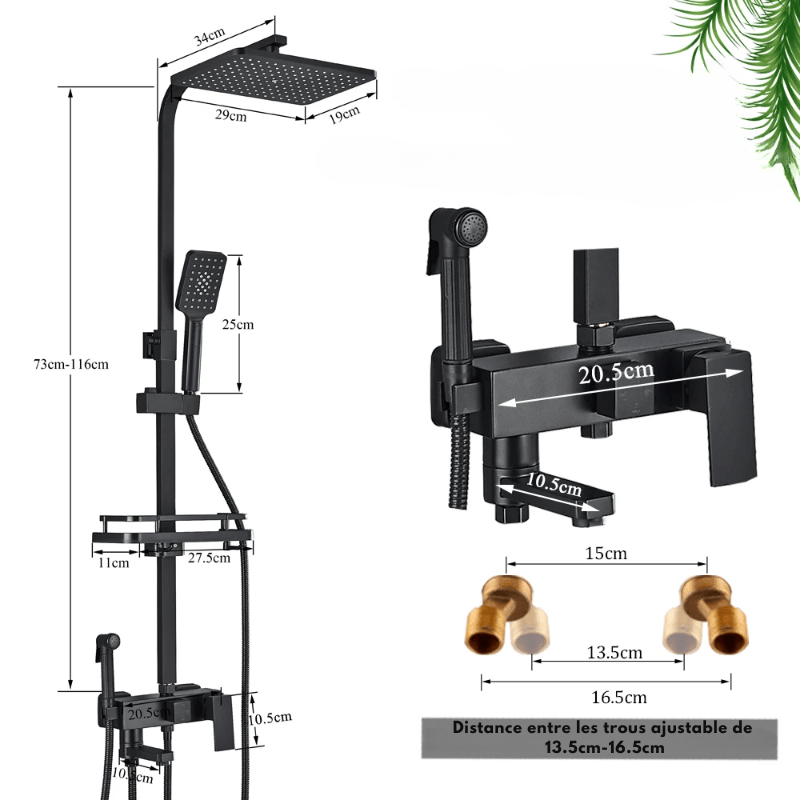 Colonne de Douche Noire – Mitigeur Laiton Noir 20 - 35cm, Mono - Commande Ergonomique avec Robinet Baignoire Effet Pluie, Étagères - Focett