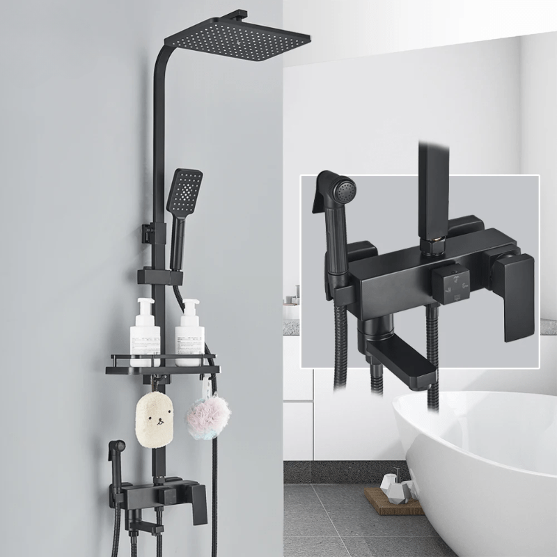 Colonne de Douche Noire – Mitigeur Laiton Noir 20 - 35cm, Mono - Commande Ergonomique avec Robinet Baignoire Effet Pluie, Étagères - Focett