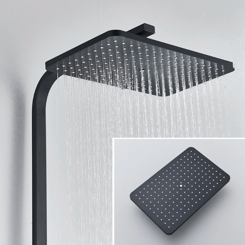 Colonne de Douche Noire – Mitigeur Laiton Noir 20 - 35cm, Mono - Commande Ergonomique avec Robinet Baignoire Effet Pluie, Étagères - Focett