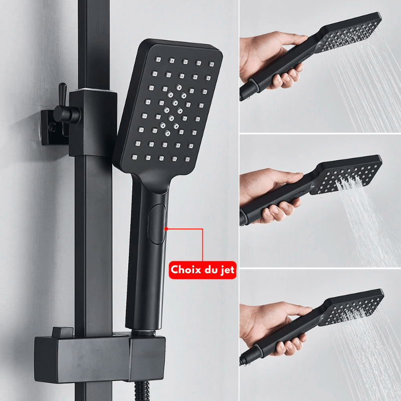 Colonne de Douche Noire – Mitigeur Laiton Noir 20 - 35cm, Mono - Commande Ergonomique avec Robinet Baignoire Effet Pluie, Étagères - Focett