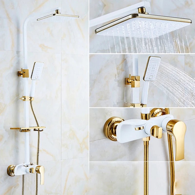 Colonne de Douche Or Blanc Premium – Installation Murale, Mitigeur Laiton, Pommeau Carré 20cm" & Douchette Flexible Acier Inox - Focett