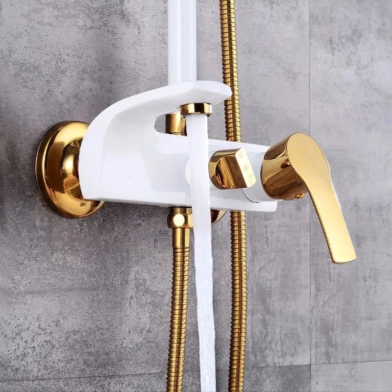 Colonne de Douche Or Blanc Premium – Installation Murale, Mitigeur Laiton, Pommeau Carré 20cm" & Douchette Flexible Acier Inox - Focett