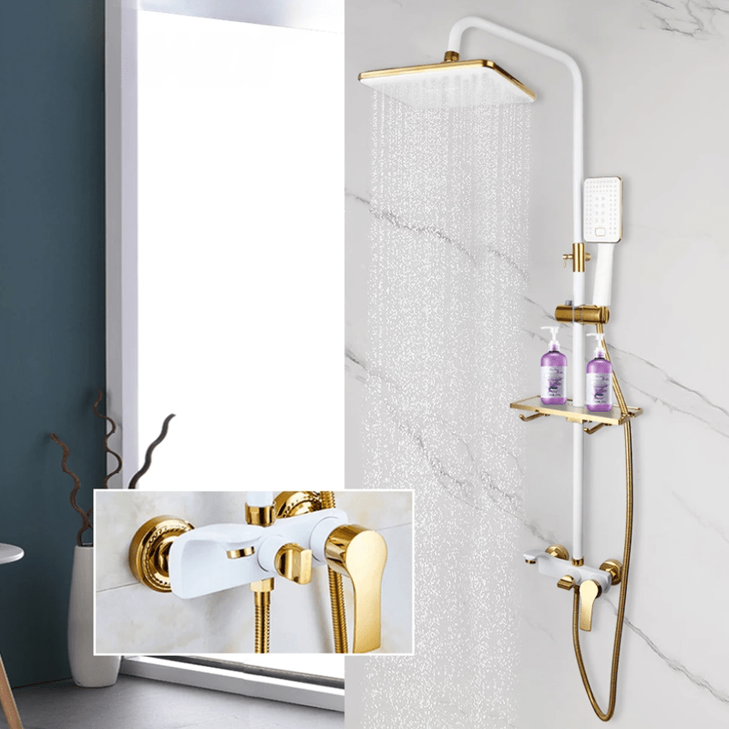 Colonne de Douche Or Blanc Premium – Installation Murale, Mitigeur Laiton, Pommeau Carré 20cm" & Douchette Flexible Acier Inox - Focett