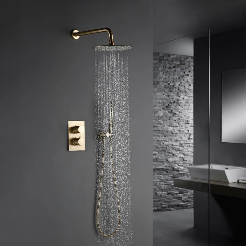 Colonne de Douche Or Brossé Luxe en Laiton – Ciel de douche XXL 30cm" avec Mitigeur Sécurisé et Douchette Murale 40cm" - Focett