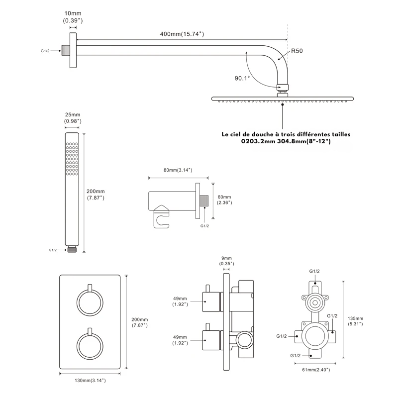 Colonne de Douche Or Brossé Luxe en Laiton – Ciel de douche XXL 30cm" avec Mitigeur Sécurisé et Douchette Murale 40cm" - Focett