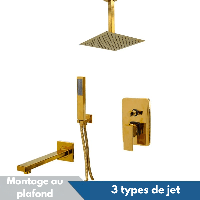 Colonne de Douche Encastrable Or – Pommeau Ultra-Mince 20-30cm” & Robinet Cascade Débit Rapide avec Système Douche Pluie et Mélangeur 2-3 Fonctions