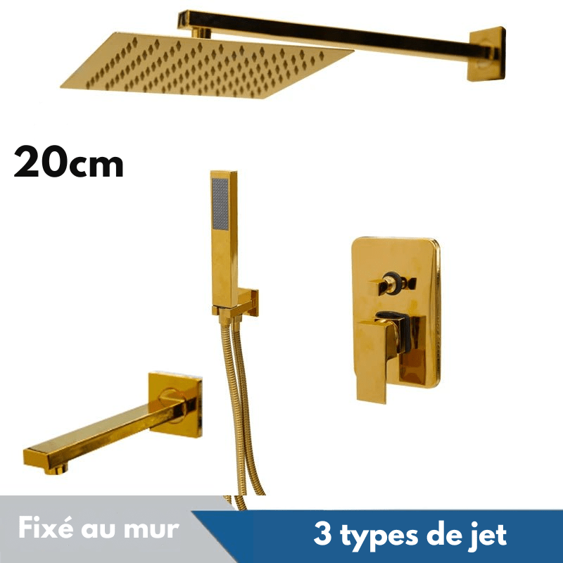 Colonne de Douche Encastrable Or – Pommeau Ultra-Mince 20-30cm” & Robinet Cascade Débit Rapide avec Système Douche Pluie et Mélangeur 2-3 Fonctions