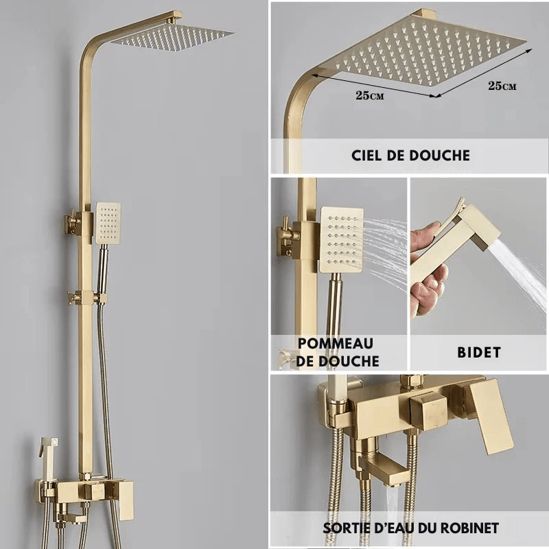 Colonne de Douche Or – Mitigeur Monocommande, Barre Coulissante & Système Douche Pluie 4 Fonctions avec Mélangeur Douche/Bain