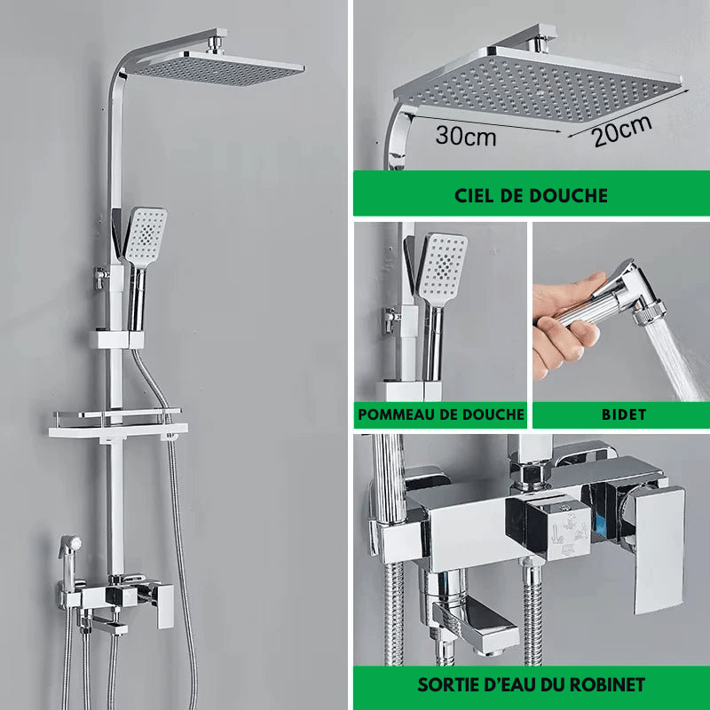 Colonne de Douche Or – Mitigeur Monocommande, Barre Coulissante & Système Douche Pluie 4 Fonctions avec Mélangeur Douche/Bain