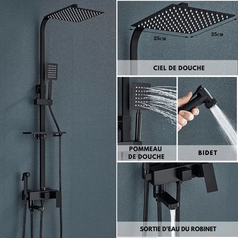 Colonne de Douche Or – Mitigeur Monocommande, Barre Coulissante & Système Douche Pluie 4 Fonctions avec Mélangeur Douche/Bain