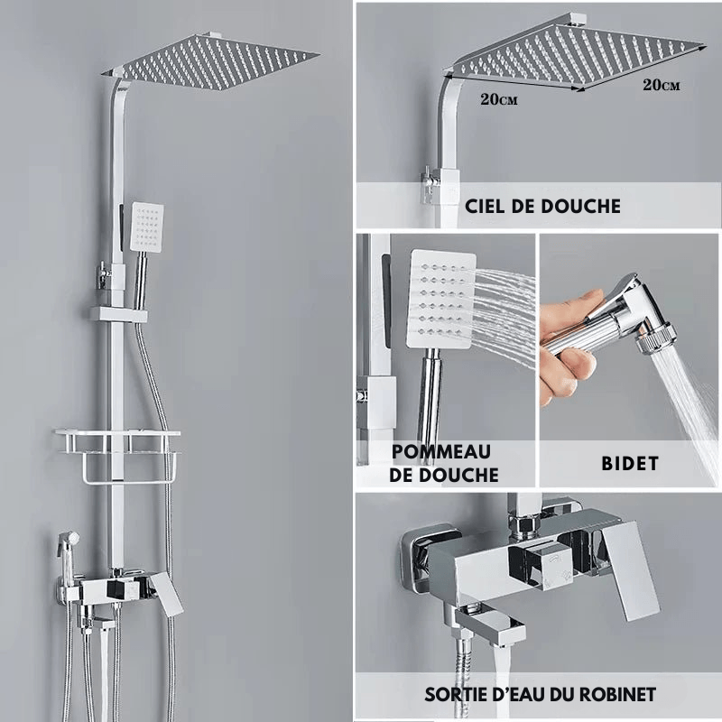 Colonne de Douche Or – Mitigeur Monocommande, Barre Coulissante & Système Douche Pluie 4 Fonctions avec Mélangeur Douche/Bain