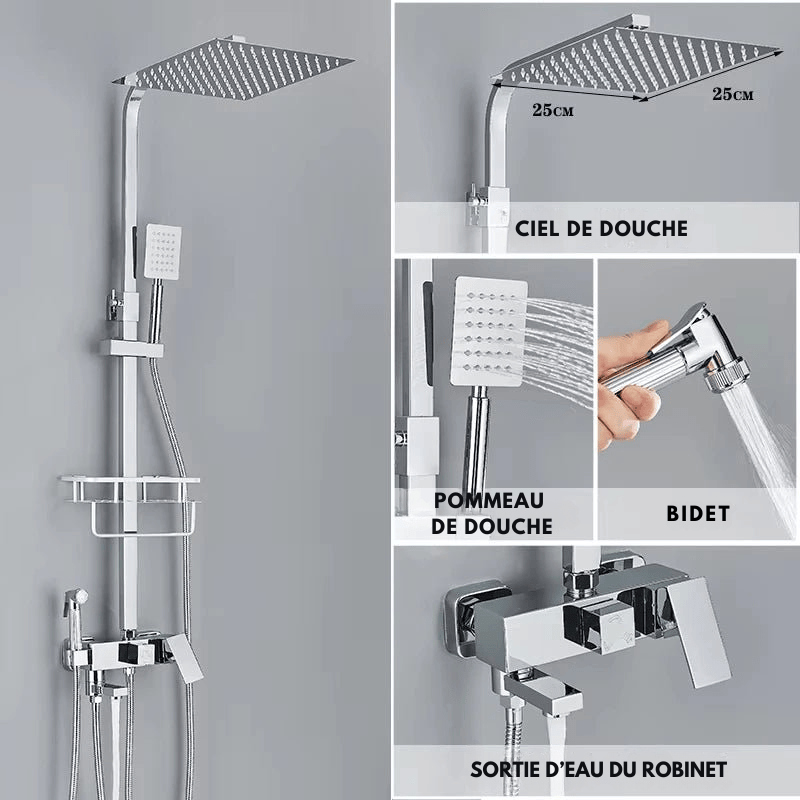 Colonne de Douche Or – Mitigeur Monocommande, Barre Coulissante & Système Douche Pluie 4 Fonctions avec Mélangeur Douche/Bain