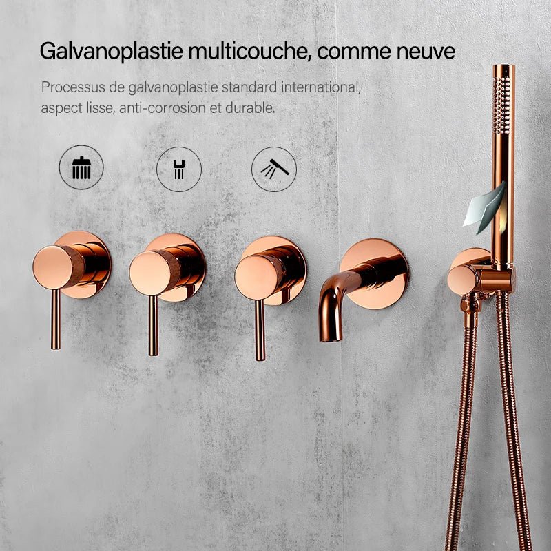 Colonne de douche or rose brossé encastrable design rond et finitions haut de gamme - Focett