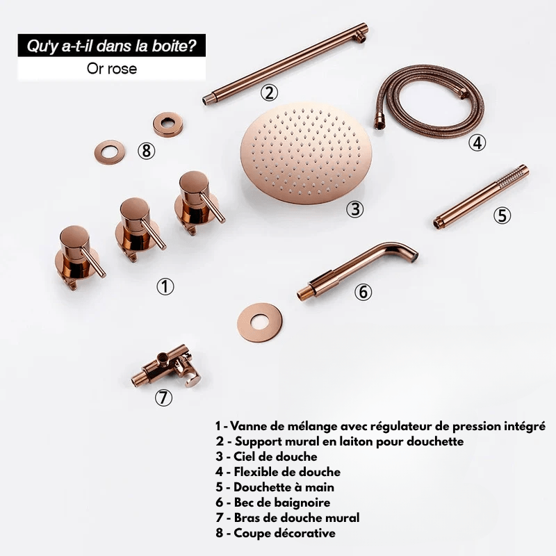 Colonne de douche or rose brossé encastrable design rond et finitions haut de gamme - Focett
