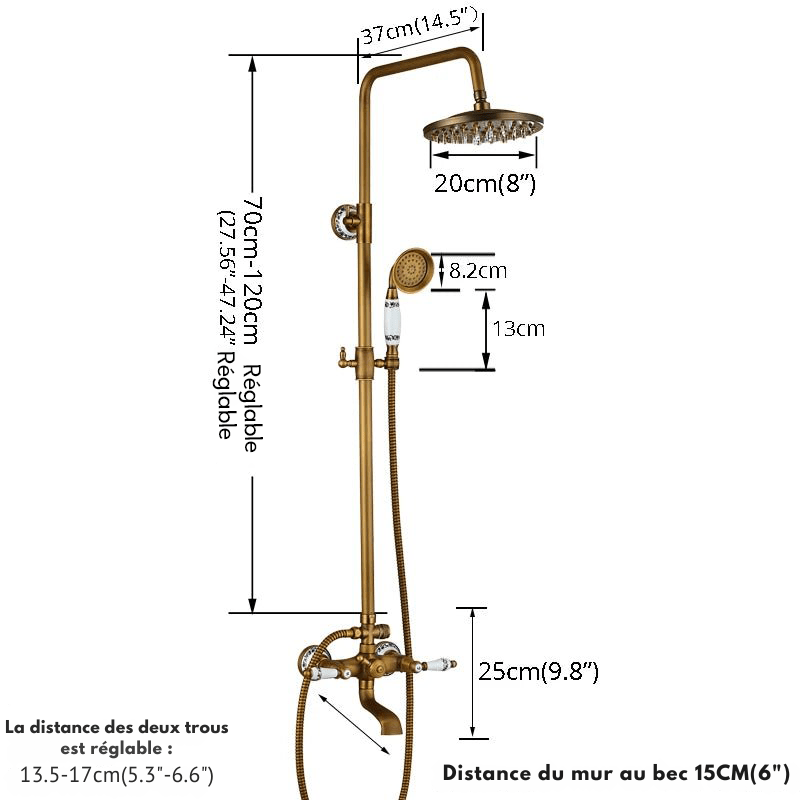 Colonne de Douche Rétro en Laiton Antique – Ciel de douche Pluie 20cm” & Douchette à Main avec Mélangeur Eau Chaude/Froide et Étagère Pratique
