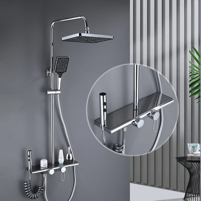 Colonne de Douche Thermostatique Chrome Gris 4 Fonctions – Mitigeur Thermostatique & Douche Pluie XXL, Bec Cascade & Douchette 3 Jets - Focett