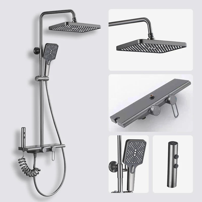 Colonne de Douche Thermostatique Chrome Gris 4 Fonctions – Mitigeur Thermostatique & Douche Pluie XXL, Bec Cascade & Douchette 3 Jets - Focett